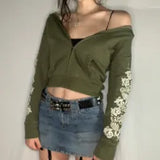 SUCHCUTE Autumn Fashion Women Cropped Sweatshirts 90s Longslive Female Streetwear Brown Aesthetics Zip Up Hoodies