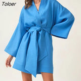Summer Wrap Dress Chic Casual Holiday Cotton Linen Elegant Robe V-Neck Sashes Lace Up Thin Loose Dresses For Women