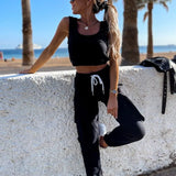 Casual Solid Tracksuit 2 Pieces Set Slim Crop Top And Drawstring Long Matching Set 2021 Summer Sportwear Stretch