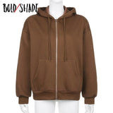 Bold Shade Streetwear 90s Style Hoodies Oversize Velvet Indie Zipper Vintage Hooded Top Warm Brown Solid Sweatshirt 2021