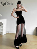 Winter Party Black Mysterious Sexy Mature Beautiful Elegant Graceful Sweet Gentle Women'S Halter Tulle Stitching Dress-Outfit