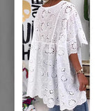 Toloer Women's New V-Neck Hollow Embroidered Blouse Short-Sleeved