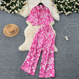 Light Style Suit Women's Fashion With Loose Short Print Shirt + High Waist Display Thin Leg