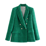 Women's Spring And Autumn Fashion Double Buckle Flowers This Lattice Suit Jacket Retro Long-Sleeved Pocket Suit