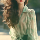 Toloer Elegant Exquisite Beauty Green Collar Long-Sleeved Shirt Women Spring And Autumn Yangqi Small Sun Protection