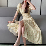 Elegant Dress Women Summer 2021 Floral Sweet Casual Long Dress Korean Puff Sleeve Yellow Vintage Party Sundress