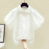Patchwork Pearl Shirt For Women Lapel Puff Sleeve Solid Minimalist Button Through Blouse Female Fashion Clothes