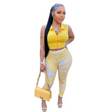Sexy Zip Up Crop Top Pants Sets Fashion Printed Leggings Womens Two Peice Sets Club Outfits Sportswear