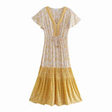 Floral print summer beach Bohemian dress for women Ladies V-neck short sleeve dress female Robe Boho hippie dress