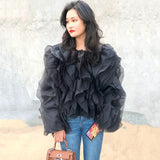 Elegant Patchwork Ruffle Chiffon Blouses Women O Neck Lantern Long Sleeve Loose Shirt Female Clothes Fashion Summer 2023