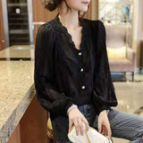 Wind Solid Color Lace Spliced Shirt Spring Autumn Long Sleeve Women's Hollow Out Chic Pearl Button Korean V-Neck