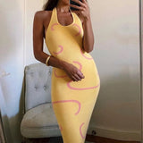 Knit Dress Women Y2K Yellow Print Bodycon Sleeveless Midi Backless Spaghetti Strap Dresses Summer Beach Robe Vestidos