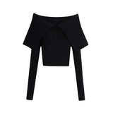 Women Fashion With Exposed Shoulders Fitted Knitted Sweater Vintage V Neck Long Sleeve Female Pullovers Chic