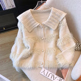 And Winter Lapel Sweater Spliced Woolen Striped Sweater Coat Women's New Lazy Cardigan Coat-Outfit
