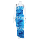 Knit Dress Women Y2K Yellow Print Bodycon Sleeveless Midi Backless Spaghetti Strap Dresses Summer Beach Robe Vestidos