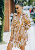 Turn-down Collar Full Sleeves Striped Print Belted Mini Loose Casual