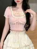 Lace Sweet Tops Women Designer Patchwork Ruffle Cute Tops Female Korean Fashion Strappy Bow Skinny Kawaii Party Tops