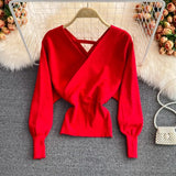 Women Design Knitted Pullovers Fashion Batwing Sleeve V Neck Elastic Slim Tops Autumn Korean Streetwear Knit