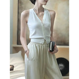 Women's V-Neck Button Solid Color Sleeveless Cardigan Sweater Knitted Tanks Camis Casual Clothing Standard Commute Tops-Outfit