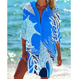 Women Printed Blouse Long Top Tunics Cardigan Half Sleeved Loose Beach Wear Swimwear Ladies Dresses Shirts Button 2023-Outfit