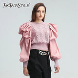 Hole Patchwork Sweater For Women O Neck Puff Sleeve Casual Pink Sweaters Female 2022 Spring Fashion New