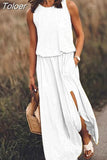 Summer Women Loose Sleeveless Long Dress Solid Color O Neck Slit Vestidos Midi Elegante Branco Office Lady