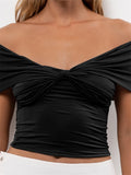 Women V-Neck Off Shoulder Tees Shirts Short Sleeve Front Knotted Ruched Solid Color T-Shirts Aesthetic Crop Tops 2024-Outfit