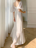 Elegant White Dress For Women Square Collar Puff Sleeve High Waist Solid Loose Midi Dresses Female Clothing