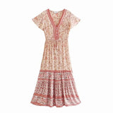 Floral print summer beach Bohemian dress for women Ladies V-neck short sleeve dress female Robe Boho hippie dress