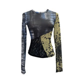 Pictsey Tat Yarn Print Bottom Blouse Spliced Lace Long-Sleeved T-Shirt