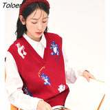 Women Knit Vest 2022 Autumn Sleeveless V Neck Loose Sweaters 3D Bear Jacquard Red Casual Chic