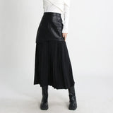 Toloer Street Wind Long Leather Skirt 2024 Autumn And Winter New Fashion High Waist Stitching Mesh Pressure Pleated Skirt Female-Outfit