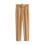 Casual Solid Color Pants For Women High Waist Belt Straight Long Pants Female 2021 Spring New Womens