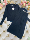 Free Shipping 2022 Women's Casual Knit Skirt Set Lapel Long Sleeve Turtleneck Short Knit Sweater & Split Midi Skirt 2-Piece