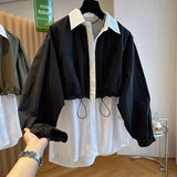 Contrasting Colors Patchwork Blouse Female Clothing Casual Loose Single-breasted Spring Autumn New Commute Polo-Neck
