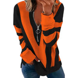 Autumn Print Striped Sweatshirt V Neck Long Sleeve Half Open Zipper Sweatshirts Elegant Ladies Tops Outfits Outwear-Outfit