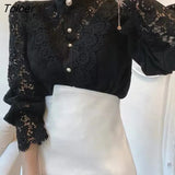 Solid White Lace Blouse Shirts Women New Korean Button Loose Shirt Tops Female Hollow Casual Ladies Blouses Blusas