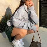 Half Zipper Oversized Hoodie Women Long Sleeve Embroidered Pullover Sweatshirt Hip Hop Harajuku Hoodie Streetwear
