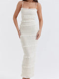 Y2K Ruched Sleeveless Strap Long Sling Dress for Women Ruffles Square Neck Low Cut Back Split Dresses Female Vestidos-Outfit