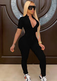 Sexy Turtleneck Short Sleeves Solid Zippers Skinny