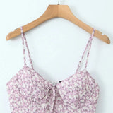 Sexy Flower Print Bow Bra Pad Corset Style Sling Bodysuits Women Ruched Ruffles Hem Skirt-shorts Jumpsuit Romper Overalls-Outfit