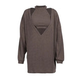 V-neck Loose Harajuku Gray Pullover Women Long-sleeved Shirt And Turtleneck Tank Top 2 Pieces Set Sexy Knitted