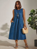 Plus-Size Women's Commuting Round Collar Solid Color Sleeveless Pocket