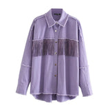 Stylish Fringe Beaded Loose Denim Jacket Coat Women Fashion Long Sleeve Frayed Trim Ladies Outerwear Chaqueta