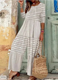 Piece Women Solid Jumpsuits Round Neck Full Sleeve Overalls Striped Print Wide Leg Long Pants Loose Casual Rompers-Outfit