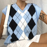 Casual Argyle Women's Vest Knitted Sleeveless Sweater Top For Women 2021 Autumn New V-Neck Pullover Vest Y2k