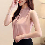 New Elegant Sleeveless Women's Shirts O-Neck Chiffon Blouse Pink Shirts Femininas Womens Clothes Blusas Mujer De Moda