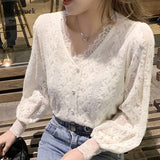 Size 4XL New Lace Blouse Women Korean Hollow Out V Neck Long Sleeve Shirt Ladies Spring Crochet Lace Solid Tops Blusa