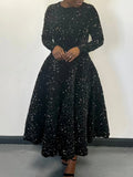 New Women's Round-Necked Long-Sleeved Solid-Colored Bright-Waisted High-Rise Dress Dress