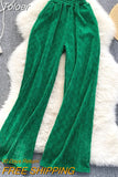 Women Green Long Pants High Elastic Waist Pockets Wide Leg Trousers Plaid Casual Female Autumn Winter Bottoms